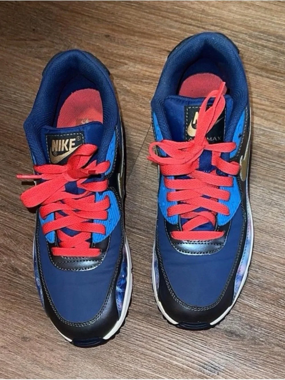 Nike Kids Navy Blue and Gold Air Max Sneakers with Red Laces